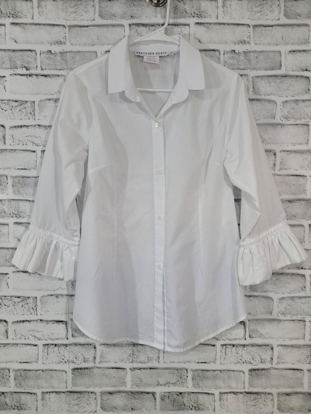Gretchen Scott White Priss Ruffle Sleeve Button Down Blouse Size Large - Picture 6 of 7